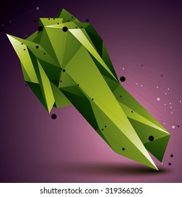 3D vector abstract design object, green polygonal complicated figure with lines mesh.