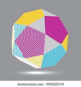 3D vector abstract design object, polygonal complicated figure. Colorful three-dimensional deformed striped shape, render.
