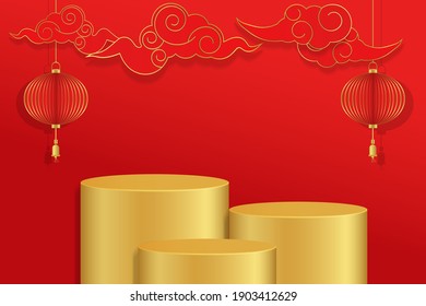 3d vector abstract Empty gold podium on dark red background with circular product minimal presentation. cosmetics stand, Chinese New Year, banner, japanese, sale, copy space
