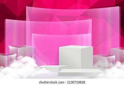 3D vector abstract podium, pedestal, plaque, cylinder steps of a round gold frame. The concept of minimalistic layout, empty space and space. Mock Up. on red background abstract polygon