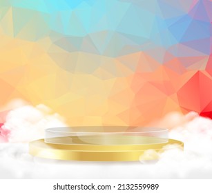 3D vector abstract podium, pedestal, plaque, cylinder steps of a round gold frame. The concept of minimalistic layout, empty space and space. Mock Up. on yellow background abstract polygon