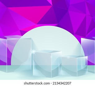 3D vector abstract podium, pedestal, plaque, cylinder steps of a round gold frame. The concept of minimalistic layout, empty space and space. Mock Up. on purple background abstract polygon