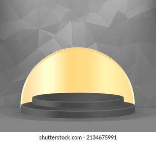 3D vector abstract podium, pedestal, plaque, cylinder steps of a round gold frame. The concept of minimalistic layout, empty space and space. Mock Up. on gray background abstract polygon