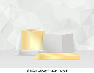 3D vector abstract podium, pedestal, plaque, cylinder steps of a round gold frame. The concept of minimalistic layout, empty space and space. Mock Up. on  background abstract polygon