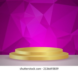 3D-Vektorgrafik abstraktes Podium, Podest, Plaque, Zylinderschritte eines runden Goldrahmens. Das Konzept der minimalistischen Anordnung, Leerraum und Raum. Komm rauf. auf violettem Hintergrund, abstrakter Polygon