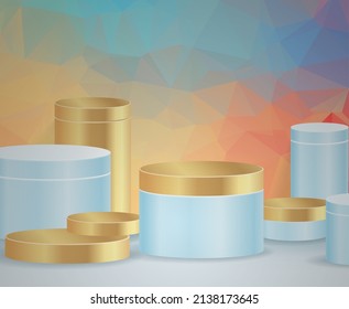 3D vector abstract podium, pedestal, plaque, cylinder steps of a round gold frame. The concept of minimalistic layout, empty space and space. Mock Up. on  background abstract polygon