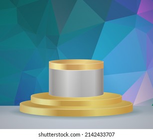 3D vector abstract podium, pedestal, plaque, cylinder steps of a round gold frame. The concept of minimalistic layout, empty space and space. Mock Up. on blue background abstract polygon