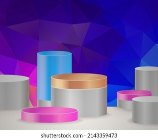 3D vector abstract podium, pedestal, plaque, cylinder steps of a round gold frame. The concept of minimalistic layout, empty space and space. Mock Up. on dark blue background abstract polygon