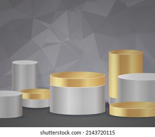 3D vector abstract podium, pedestal, plaque, cylinder steps of a round gold frame. The concept of minimalistic layout, empty space and space. Mock Up. on gray background abstract polygon