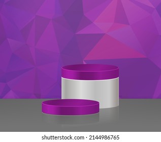 3D-Vektorgrafik abstraktes Podium, Podest, Plaque, Zylinderschritte eines runden Goldrahmens. Das Konzept der minimalistischen Anordnung, Leerraum und Raum. Komm rauf. auf violettem Hintergrund, abstrakter Polygon