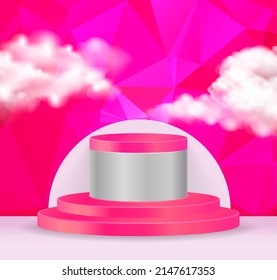 Gráficos vectoriales 3D de podio abstracto, peatón, placa, peldaños de cilindro de un marco dorado redondo. El concepto de diseño minimalista, espacio vacío y espacio. Burlarse. sobre fondo rosa polígono abstracto