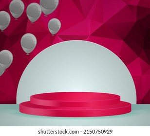 3D vector abstract podium, pedestal, plaque, cylinder steps of a round gold frame. The concept of minimalistic layout, empty space and space. Mock Up. on red background abstract polygon