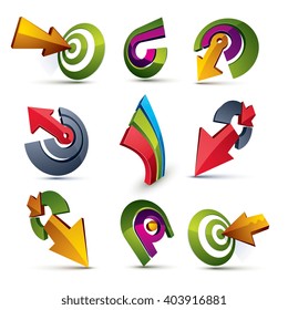 3d vector abstract shapes, different business icons and design elements collection. Geometric abstract arrows for use as navigation pictograms and app buttons.