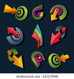 3d vector abstract shapes, different business icons and design elements collection. Geometric abstract arrows for use as navigation pictograms and app buttons.