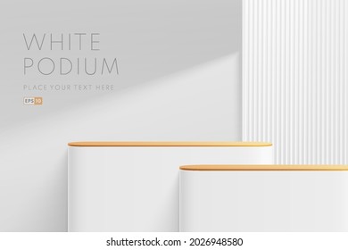 3D vector abstract studio room with pedestal podium. White and gold geometric platform with lighting and shadow. Minimal wall scene for demonstration of cosmetic products, Showcase, Promotion display.
