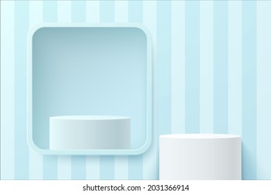 3D vector abstract studio room with pedestal podium. White geometric platform in square window with blue vertical stripes backdrop. Scene for cosmetic product presentation. Showcase, Promotion display