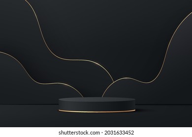3D vector abstract studio room with pedestal podium. Black and golden geometric platform with wavy backdrop. Luxury scene for demonstration of cosmetic products. Showcase, Mock up, Promotion display.