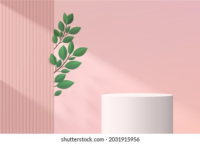 3D vector abstract studio room with pedestal or stand podium. White geometric platform with Green leaf and shadow. Pastel pink scene for cosmetic products presentation, Showcase, Promotion display.