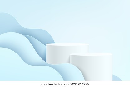 3D vector abstract studio room with pedestal or stand podium. 2 White geometric platform with blue wavy layers in paper cut style. Scene for cosmetic product presentation. Showcase, Promotion display