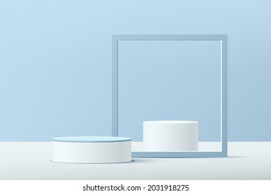 3D vector abstract studio room with pedestal podium. White and blue geometric platform in blue square frame. Pastel minimal wall scene for cosmetic product presentation. Showcase, Promotion display.