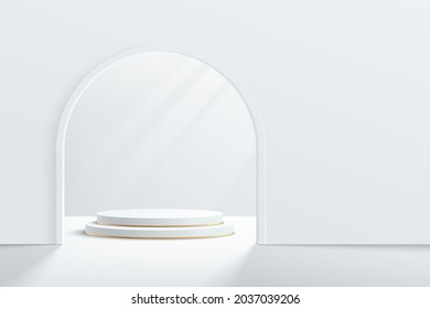 3D vector abstract studio room with pedestal podium. White and gold geometric platform with door arch shape. Luxury scene for demonstration of cosmetic products. Showcase, Mock up, Promotion display.