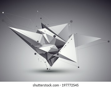 3D Vector Abstract Tech Illustration, Perspective Geometric Unusual Background With Wireframe.