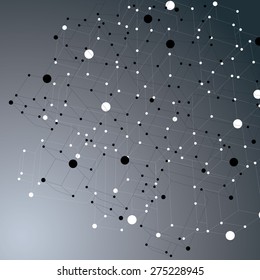 3D vector abstract technology mesh shape on dark backdrop, perspective geometric lace object with wireframe. 