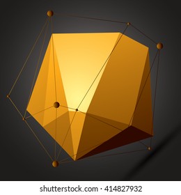 3D vector abstract technology mesh shape on dark backdrop, perspective geometric lace object with wireframe. 