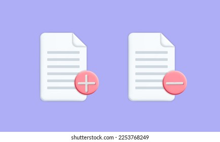 3d vector Add and delete document file icon ui design.  Cartoon style computer documents sheet of paper with pink plus and minus symbol illustration. 