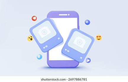 3D vector Advertising creative social media content marketing via post page community mobile phone technology picture photo frame emoji chat comment isolated on pastel background. illustration design