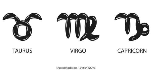 3D vector Air Balloons Zodiac Signs isolated transparent background. Set Zodiac Signs in trendy Chrome black Metallic Bubbles style. Taurus Virgo Capricorn. Astrology elements of earth