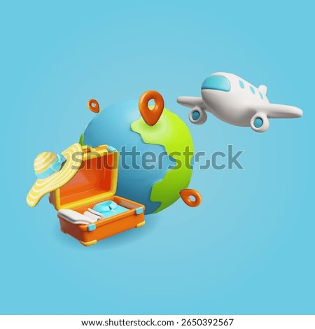 3d vector of airplane flying above the earth and suitcase with hat, tourism and vacation. Air travel to any point of the world. Plastic illustration. Cartoon style. Vector. Blue background.