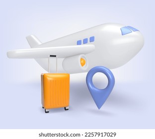 3d vector of airplane, luggage and pin location. Render elements of tourism and travel