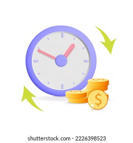 3d Vector alarm clock with gold dollar coin and arrow icon illustration. Text time is money. Long financial investment, future income, money profit and benefit, annual revenue concept design. 