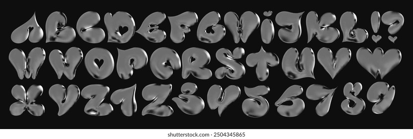 A 3D vector alphabet font with realistic chrome and platinum letters. Featuring metallic, shiny, and melting forms, each letter looks like a silver foil or alloy blob, perfect for futuristic designs.