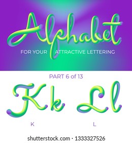 3D Vector Alphabet with Rounded Shapes. Matte Liquid Green and Purple Colors. Tube Letters. ABC for Poster, Sale Banner, Signboard, Advertising. 