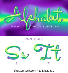 3D Vector Alphabet with Rounded Shapes. Matte Liquid Green and Purple Colors. Tube Letters. ABC for Poster, Sale Banner, Signboard, Advertising. 