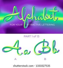 3D Vector Alphabet with Rounded Shapes. Matte Liquid Green and Purple Colors. Tube Letters. ABC for Poster, Sale Banner, Signboard, Advertising. 