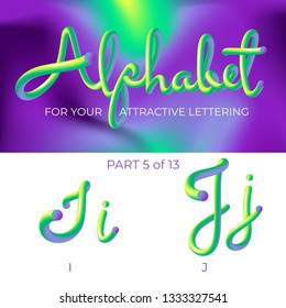 3D Vector Alphabet with Rounded Shapes. Matte Liquid Green and Purple Colors. Tube Letters. ABC for Poster, Sale Banner, Signboard, Advertising. 