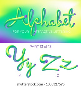3D Vector Alphabet with Rounded Shapes. Matte Liquid Green and Purple Colors. Tube Letters. ABC for Poster, Sale Banner, Signboard, Advertising. 