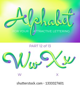 3D Vector Alphabet with Rounded Shapes. Matte Liquid Green and Purple Colors. Tube Letters. ABC for Poster, Sale Banner, Signboard, Advertising. 