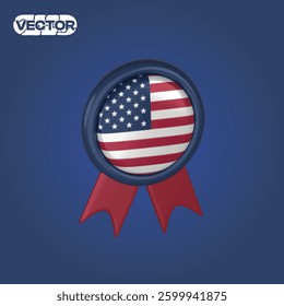 3D vector american flag badge icon set on blue background. realistic illustration