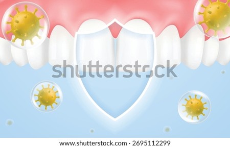 3D vector of an antiseptic dental concept. A glowing white shield protects healthy upper teeth, while bubbles trap and neutralize yellow viruses or bacteria. Oral immunity and hygiene concept.