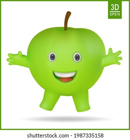 3d vector apple character. Funny and cute cartoon fruit.