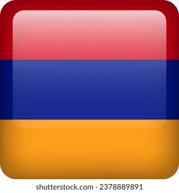 Botón brillante de la bandera de Armenia vectorial 3d. emblema nacional armenio. Icono cuadrado con bandera de Armenia.