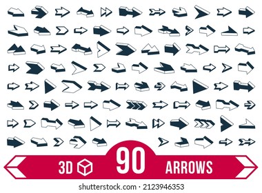 3D vector arrows big set, single color monochrome simple symbols icons or logos, perfect graphic design elements cursors collection.