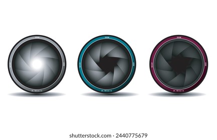 lentes de cámara de arte vectorial 3d de varias formas y tipos. círculo de vidrio de cámara digital. diseño de ilustración vectorial