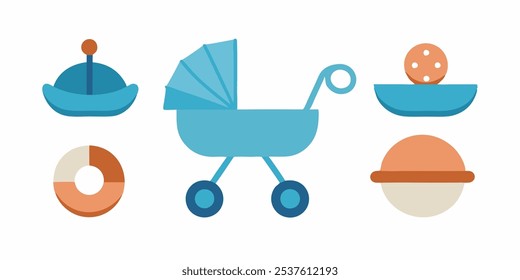 3d vector baby elements. baby stroller and cradle, pacifier mobile and plate. Realistic render style newborn icons. Isolated toddler equipment pithy vector set on whie