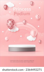 3D Vector baby girl product display cylinder stand podium banner with cute rainbow and balloon on pink background for kid store, princess party, clothes and toys display, fashion sale, social media