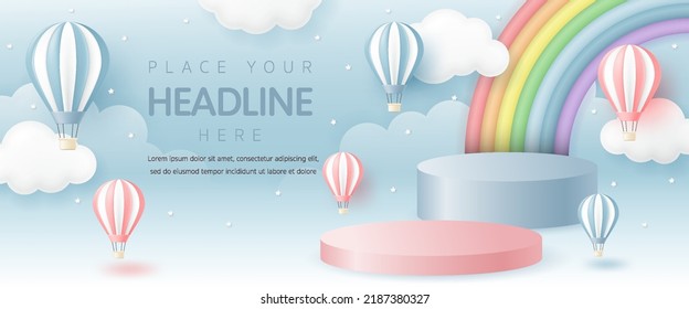 3D Vector baby product display podium banner with hot air balloon and rainbow on blue sky background for baby store, online shop, kid clothes and toys sale, discount promotion, social media, website 